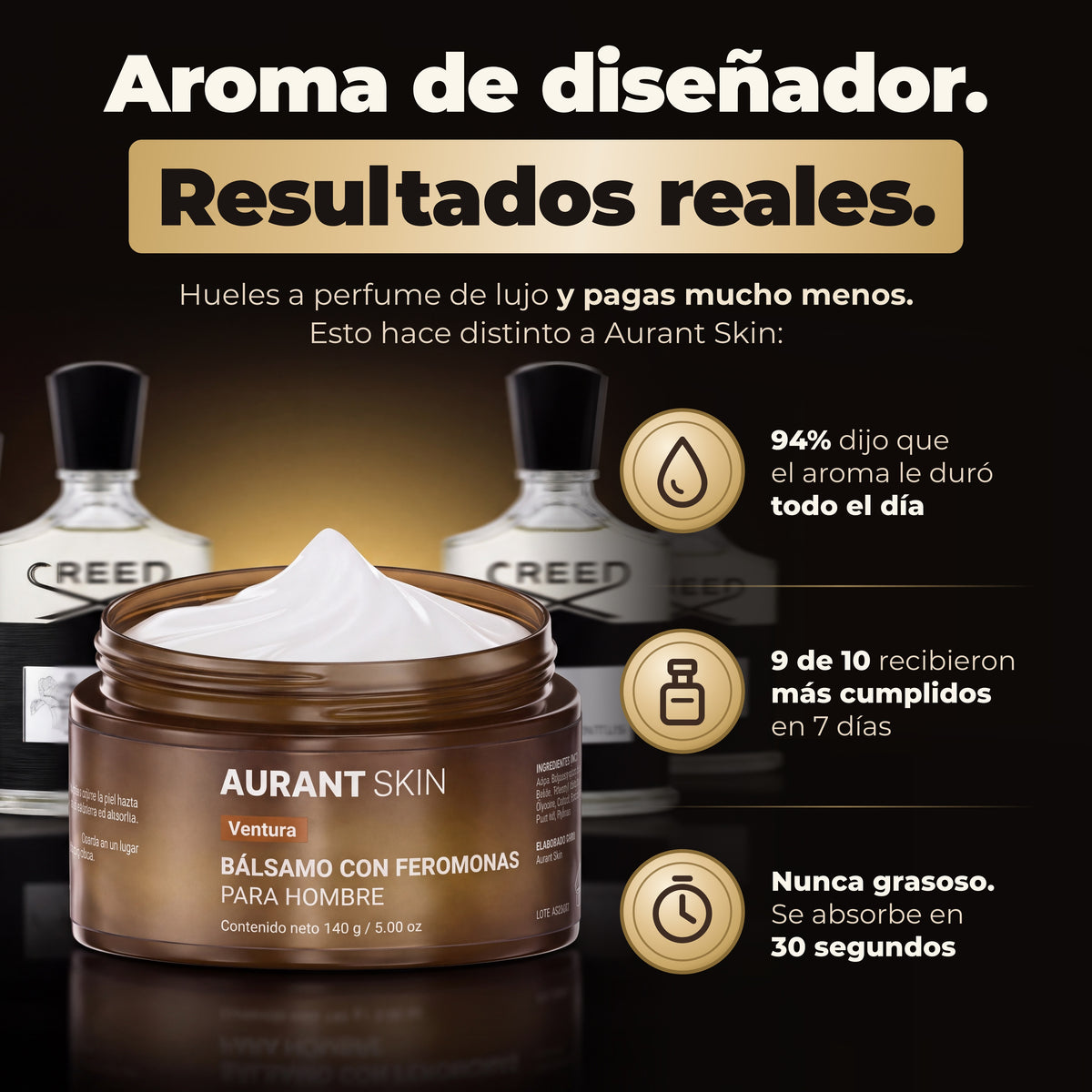 Pote abierto del bálsamo perfumado Aurant Skin Ventura frente a frascos de Creed Aventus: aroma de diseñador todo el día