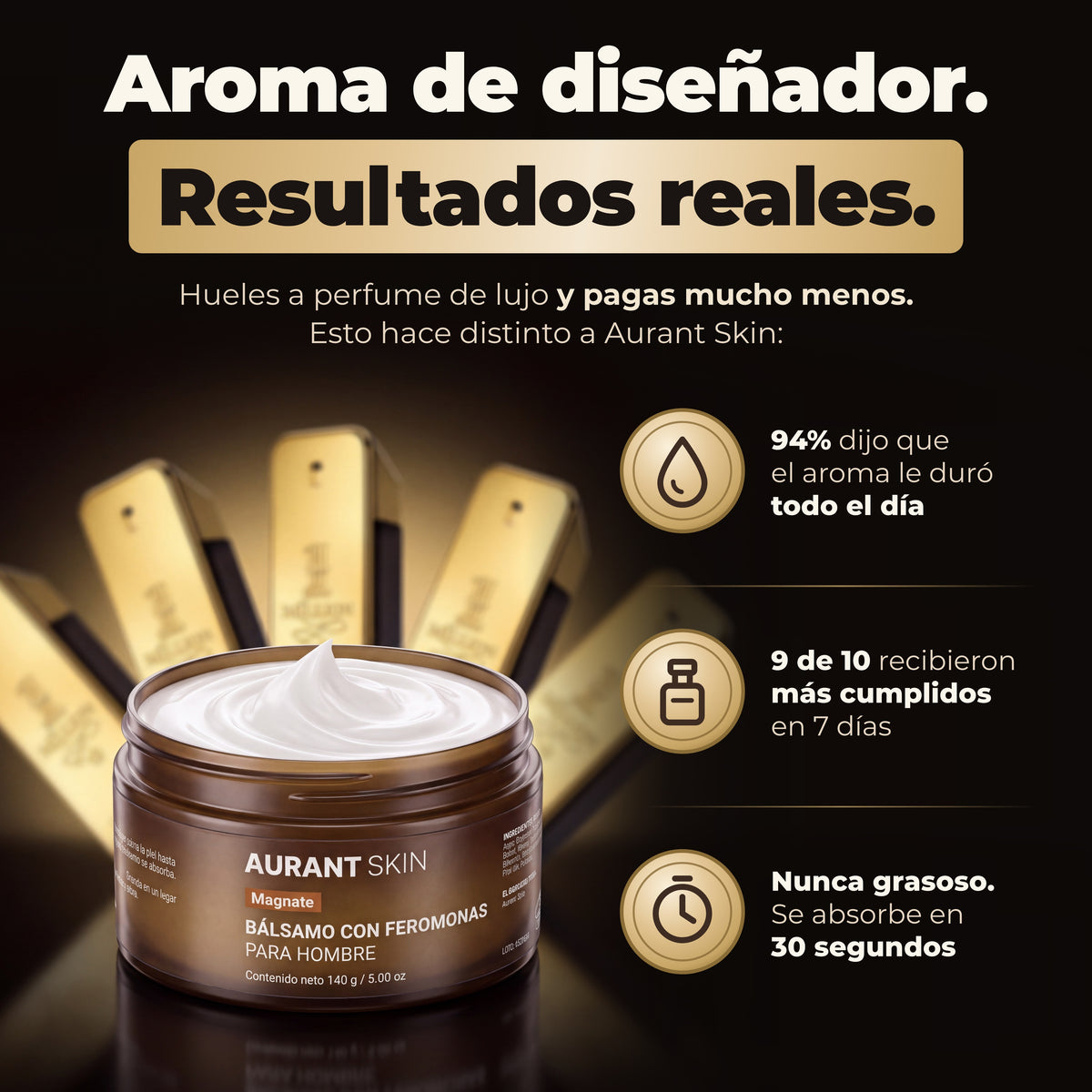 Pote abierto del bálsamo perfumado Aurant Skin Magnate frente a frascos de Paco Rabanne One Million: aroma de diseñador todo el día