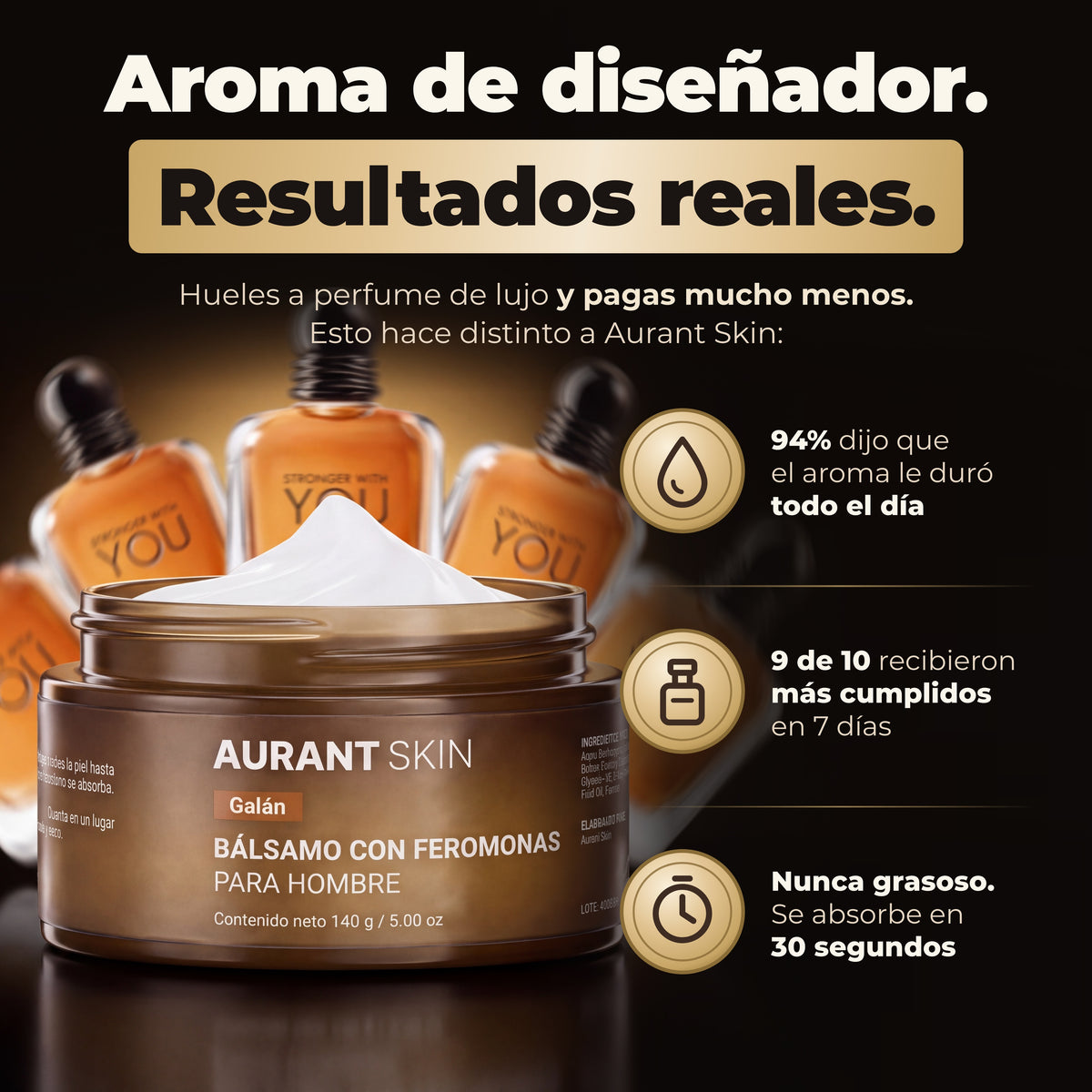 Pote abierto del bálsamo perfumado Aurant Skin Galán frente a frascos de Armani Stronger With You: aroma de diseñador todo el día