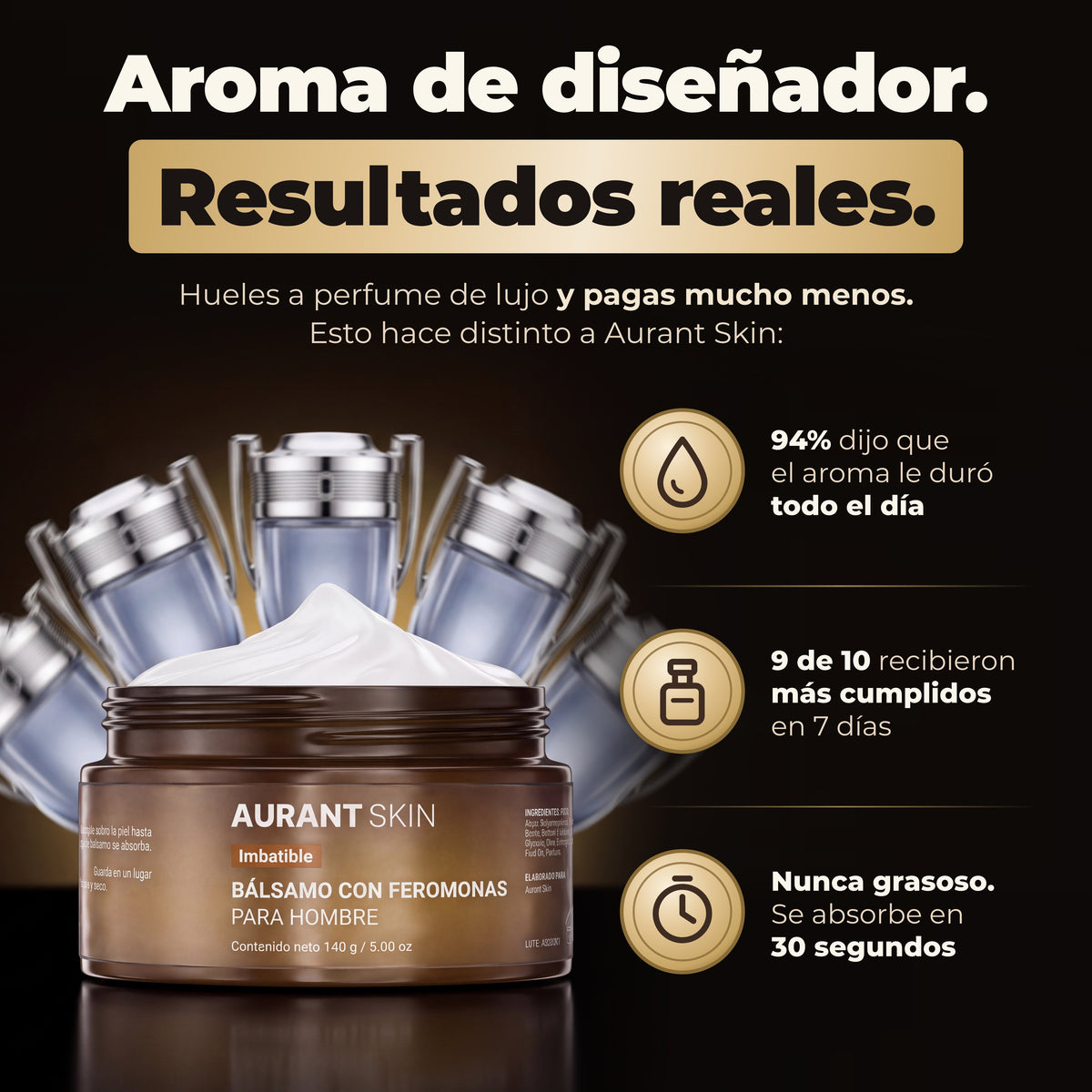 Pote abierto del bálsamo perfumado Aurant Skin Imbatible frente a frascos de Paco Rabanne Invictus: aroma de diseñador todo el día