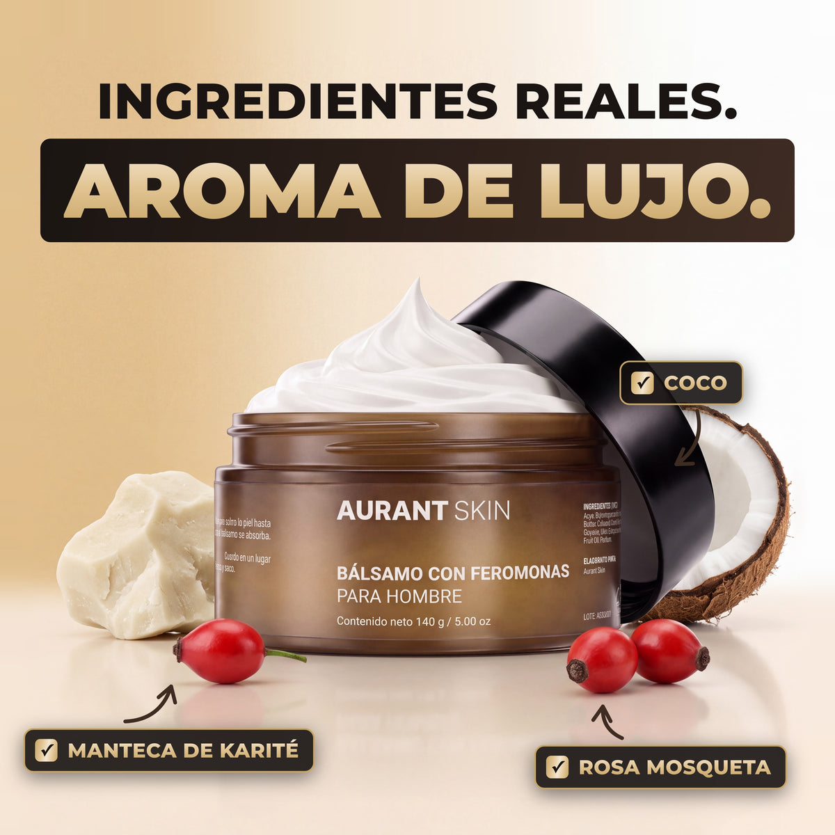 Ingredientes del bálsamo con feromonas Aurant Skin Deep Bleu: manteca de karité, coco y rosa mosqueta